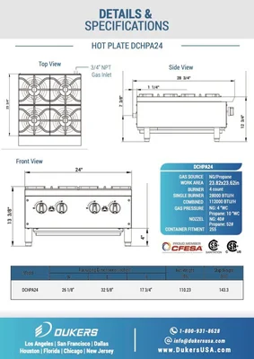 New | in-Stock Dukers New Dukers DCHPA24 Hot Plate with 4 Burners Hot Plates Illinois US | Falcon Restaurant Supply #1376246