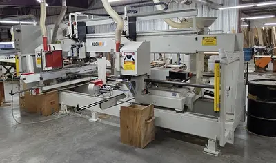 KOCH SBD-B DOUBLE-END FEED-THROUGH TRIM, BORE, GLUE, & DOWEL MACHINE