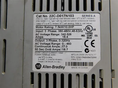 Allen Bradley 22C-D017N103 PowerFlex 400 AC Drive Ser. A 10HP 7.5kW FRN5.03 Used