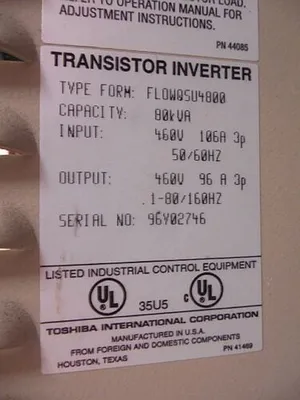 Toshiba FLOWQSU4800 Transistor Inverter 80kVA 96 Amps Missing Cover Used
