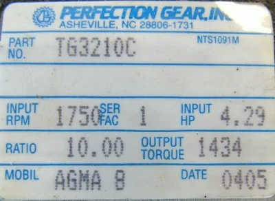 NEW PERFECTION GEAR TG3210C GEAR REDUCER 10:1