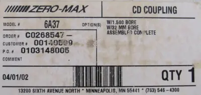 NEW ZERO MAX 6-37 COUPLING 1.25" BORE 6A37 637