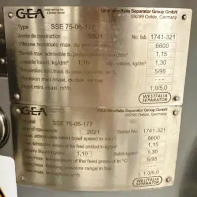 (3) Westfalia SSE 75-06-177 Hydrostop clarifier centrifuges, 316SS.