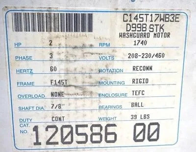 NEW LEESON 120586.00 WASHGUARD MOTOR 1740 R.P.M. 3 PHASE 2 HP 60 HZ 12058600