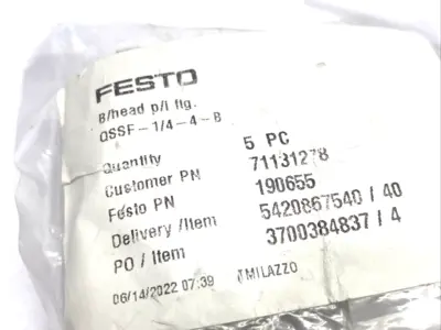 QSSF-1/4-4-B, 190655 | Festo QSSF-1/4-4-B Bulkhead Push-In Fitting 4mm Tube O.D. x G 1/4" 190655 5-PACK - New