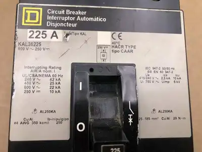 Square D KAL36225 225A 3 Pole Circuit Breaker 600VAC 250VDC
