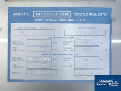 USED Mueller 200 Gal Mueller Reactor, S/S, 50/100#