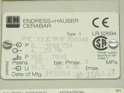 Endress+Hauser Cerabar PMC133 Pressure Transmitter 1000 psig 12/24VDC