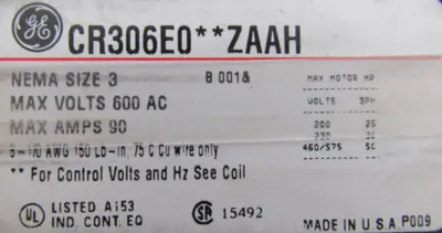 NEW GENERAL ELECTRIC CR306E002ZAAH MAGNETIC STARTER NEMA SIZE 3 115/120V COIL