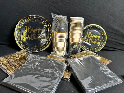 Black & Gold Happy Birthday Party Supplies Set - Plates Cups Napkins Utensils