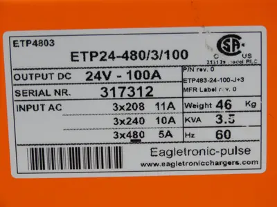 Eagletronic Pulse ETP24-480/3/100 Forklift Battery Charger 24V 100A 240/480V 3Ph