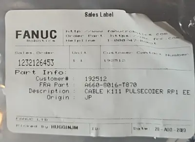 FANUC A660-4003-T488 Cable K111 M1-M6 Power Remote (BIN134)