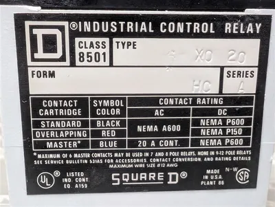 Lot of 6 Square D 8501 X020 Industrial Control Relays Form HC 120V Coil Used