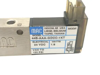 44B-AAA-GDCC-1KT | MAC Valves  Solenoid Operated 4-Way Poppet Valve 24V 10-32 Ports - Used