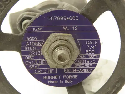 Bonney Forge Fig WL 12 Gate Valve 3/4" Socket Weld 800lb Forged Steel