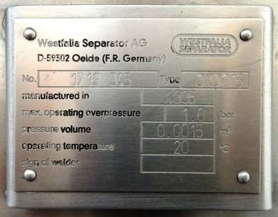 Westfalia CND 215-01-076 bacteria separator, 316SS.