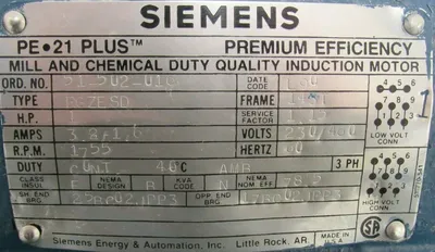 NEW SIEMENS RGZESD MOTOR PE-21 PLUS 1HP 230/460V 1755 RPM 51-5U2-U16