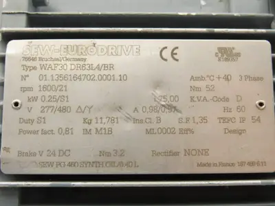 Sew Eurodrive WAF30 DR63L4/BR Brake Gearmotor 75:1 Ratio 21rpm .5Hp 230/460V