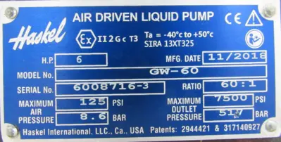 NEW HASKEL GW-60 AIR DRIVEN FLUID PUMP 60:1 GW60