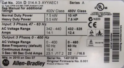USED ALLEN BRADLEY 20AD014A3AYYAEC1 POWERFLEX 70 SER.A 10HP