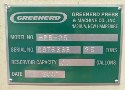 USED 2009 GREENERD PRESSES GREENERD HPB-25 PRESS