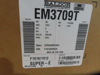 7.5 hp Baldor Electric Motor, new surplus, RPM 3520, Frame 213T, Cat. no. EM3709T, qty.2