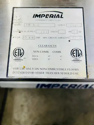 Imperial IR-6-E 36" Pro Series 6 Element Electric Range w/ Std. Oven 208V 3 Ph Refurbished