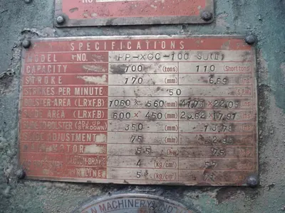 USED AIDA PR-XGC-100CAPACITY ............ 110 TONSTROKE .............. 6.6"
