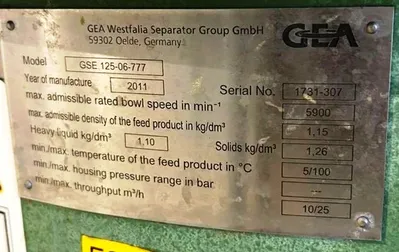 Westfalia GSE 125-06-777 wine clarifier, 316SS.