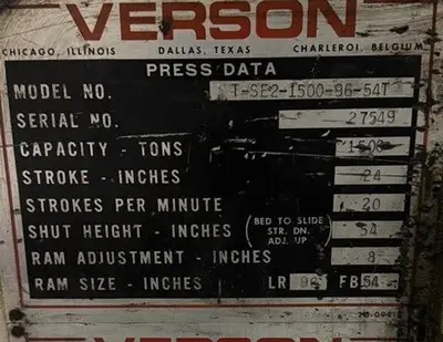 Used 1980 VERSON T-SE2-1500-96-54 Straight Side Presses Michigan US | RAB Industries, Inc. #184543