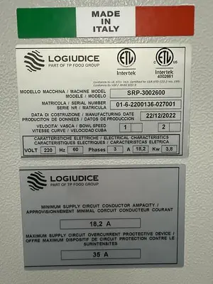 USED 2023 LOGIUDICE/WELL BAKE LOGIUDICE ESI 300 D BOWL MIXER /LOGIUDICE SPR-3002600 BOWL DUMP/PRE SHEETER MODEL ADS900