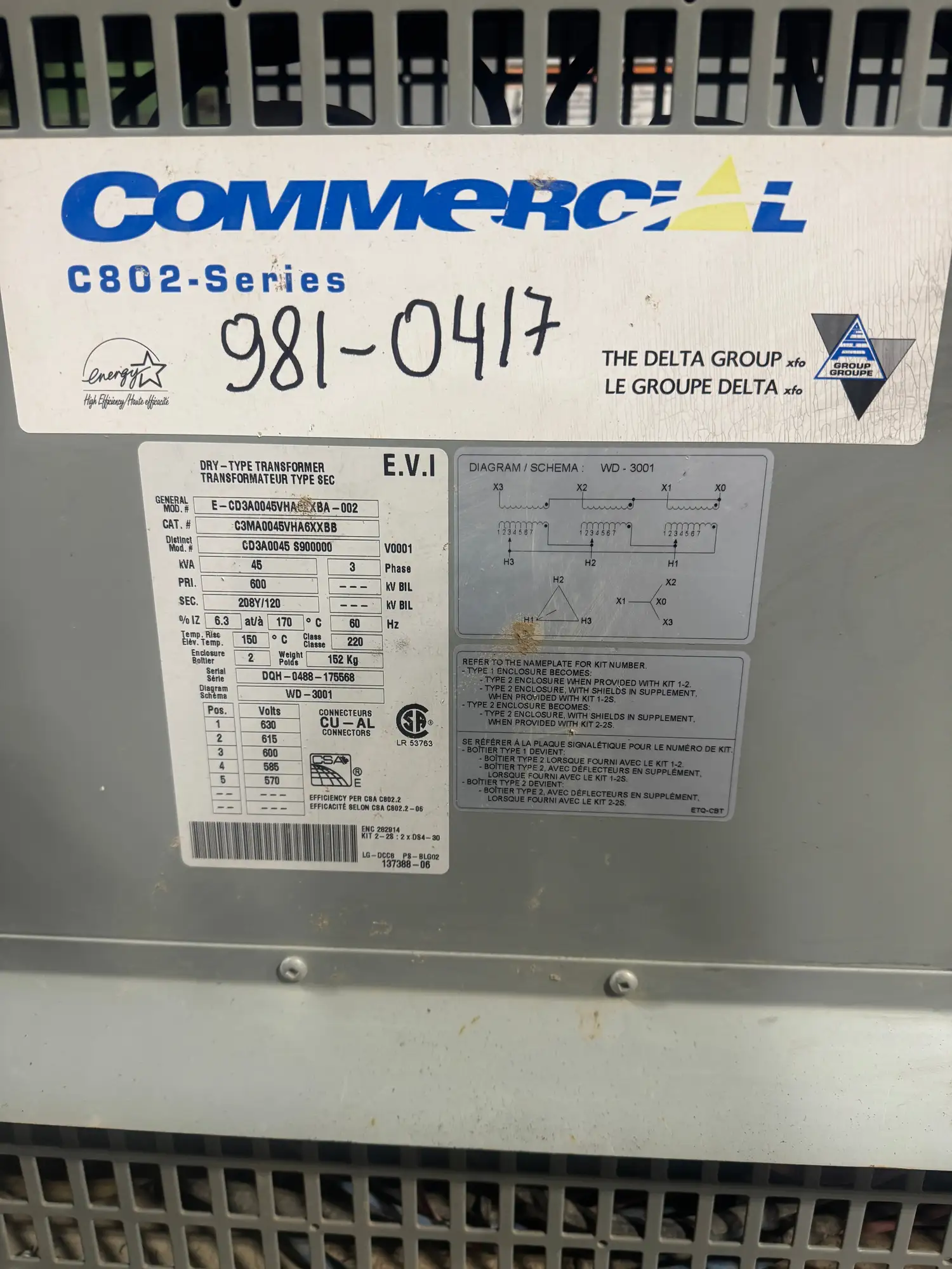 45 KVA 600V to 208Y/120V Isolation Transformer