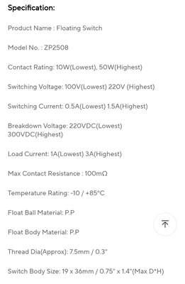 Float switch, liquid level sensor, Polypropylene