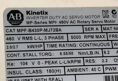 Allen Bradley MPF-B430P-MJ72BA/A Servo Motor – 460V – 2.0kW – 5000RPM Loc1E24