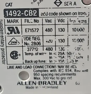 Allen-Bradley 1492-CB2 G100 H1 Series A Circuit Breaker 10A loc4E21