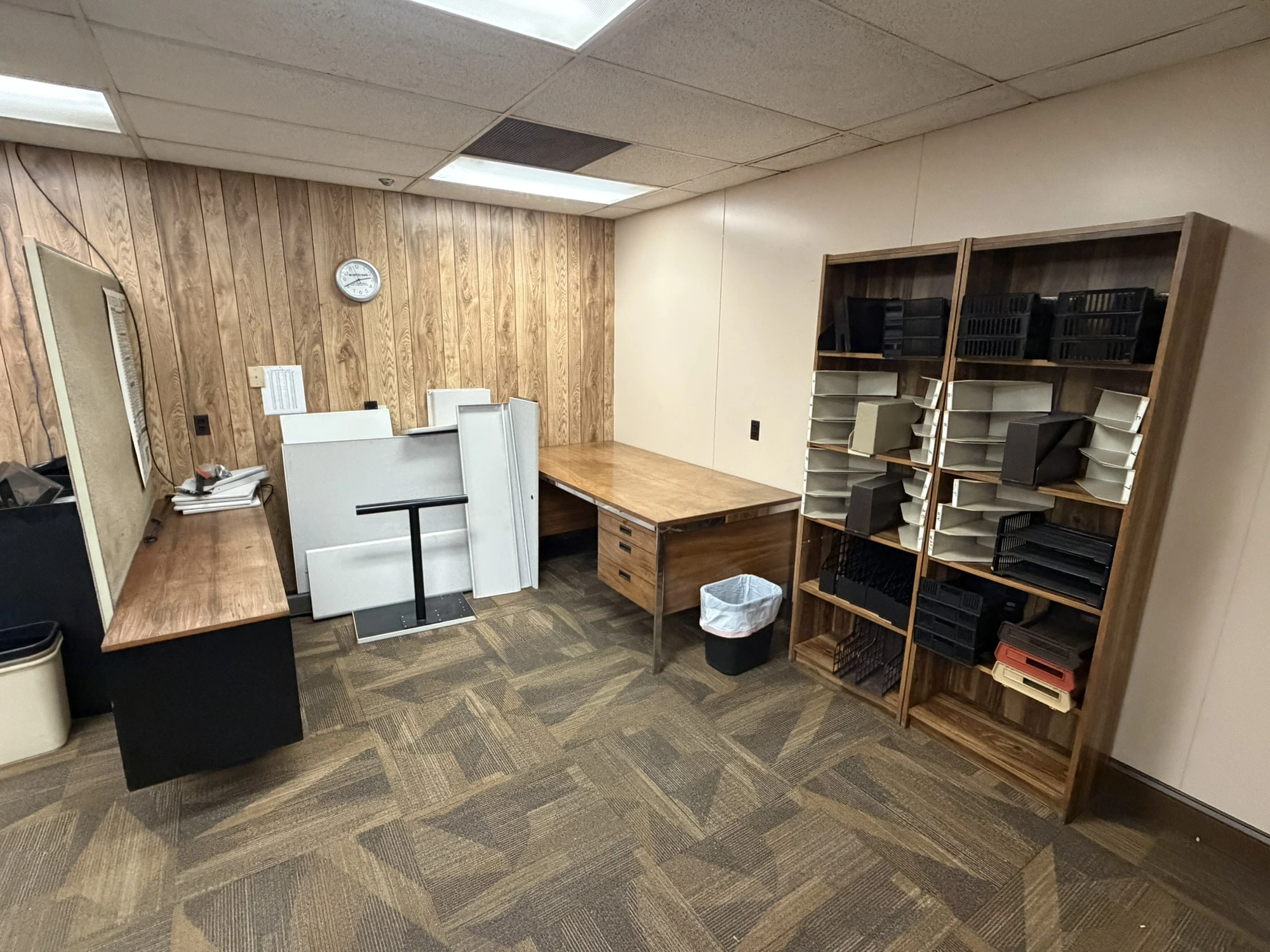 Contents of office furniture, includes (1) 78" wooden desk, (1) credenza, 74" x 18.5", and (2) woode...