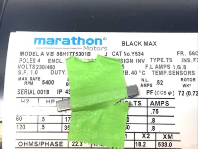 USED MARATHON MOTORS BLACK MAX 3 PHASE 1/2HP MOTOR 230/460V
