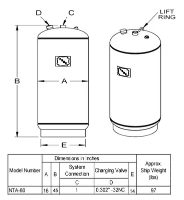 SPC7643  Tank 35 gallon vertical tank, CS, 150 psi@ 240F internal, dome Hydronic Expansion Tank