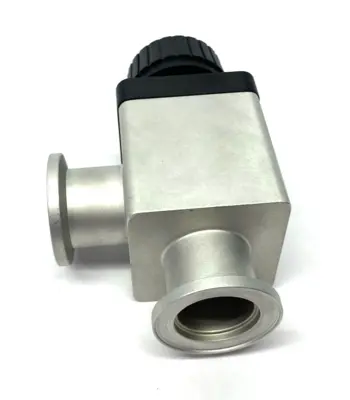 USED VARIAN RIGHT ANGLE BLOCK BELLOWS VALVE, MANUAL KNOB NW25 H/O