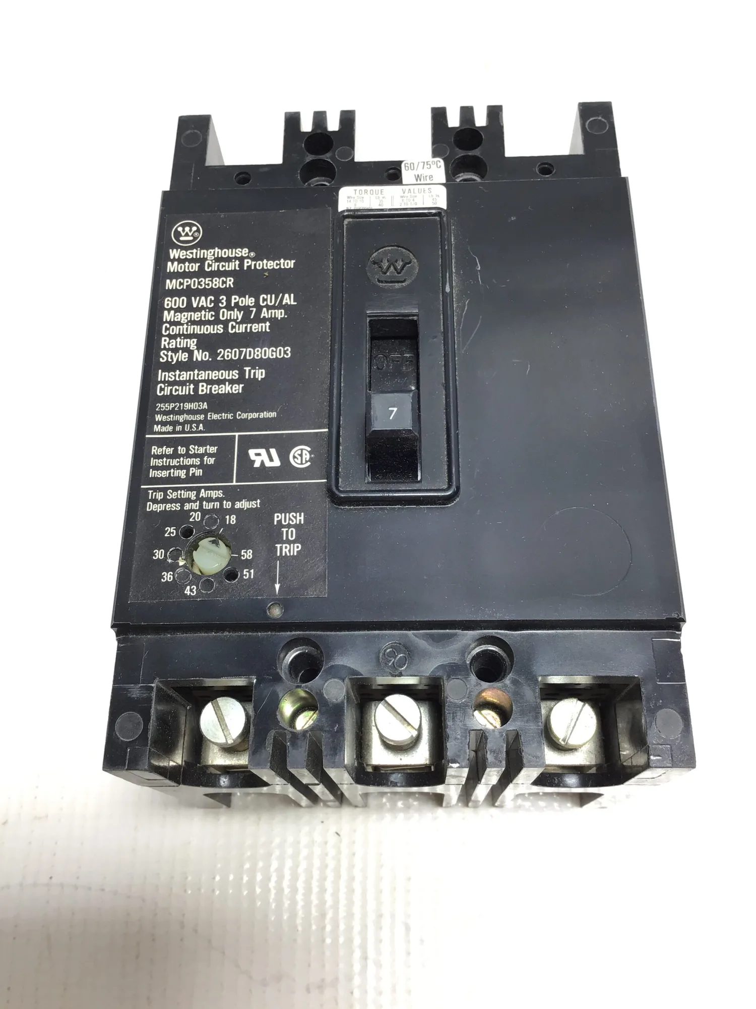 Westinghouse MCP0358CR – Motor Circuit Breaker Protector 600VAC 3Pole 7Amp