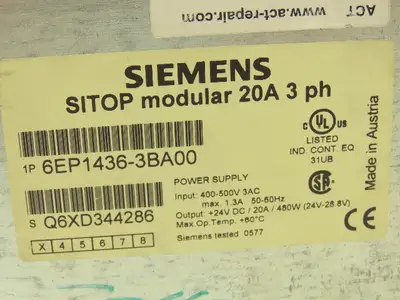 Siemens 6EP1436-3BA00 Sitop Power Supply 24VDC 20A Out 48VAC 3Ph 1.3A In