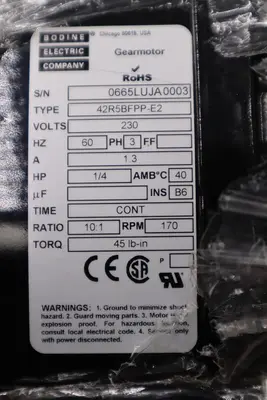 Bodine gear motor 45R5BFPP-E2 230V 3PH 1/4HP 10:1 170 RPM NEW UNIT STOCK H867
