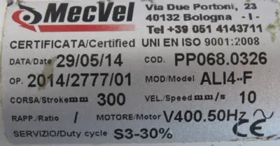 USED MECVEL ALI4-F LINEAR ACTUATOR .3HP 208/480V ALI4F AT63B4