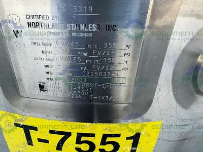 USED NORTHLAND 500 LITER STAINLESS STEEL JACKETED REACTOR FV/ 45 PSI W/ 0.5 HP MIXER