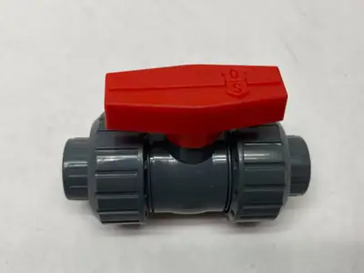 USED SHYOULI 1/2" DOUBLE UNION PVC BALL VALVE, GRAY, SLIP SOCKETS