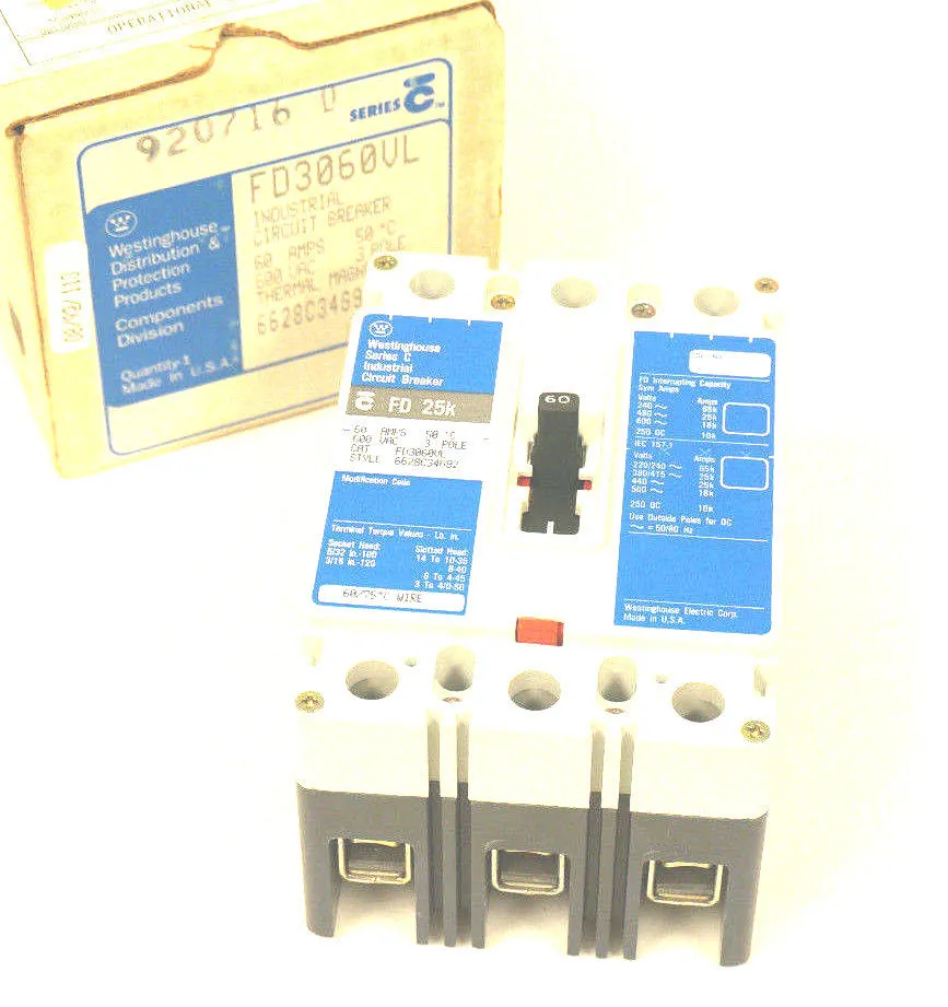 NEW WESTINGHOUSE FD3060VL CIRCUIT BREAKER SER. C, 60A, 600VAC, 3 POLE