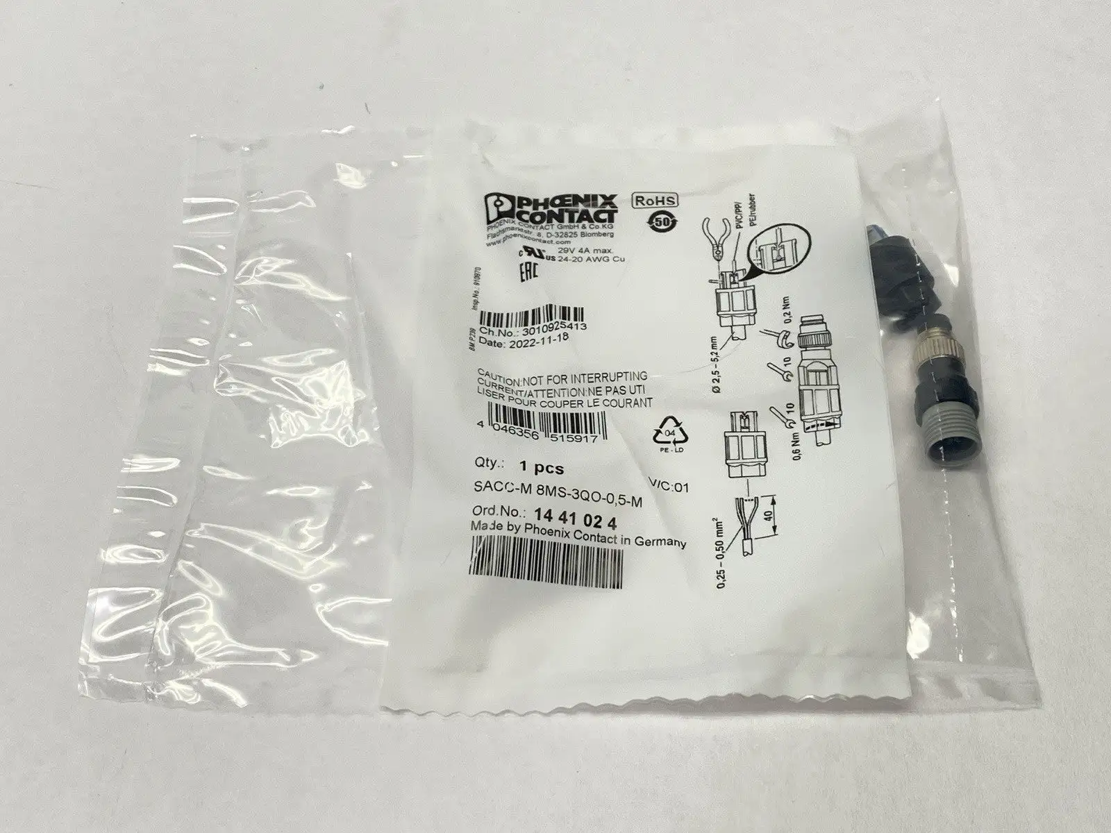 SACC-M 8MS-3QO-0,5-M,1441024 | Phoenix Contact SACC-M 8MS-3QO-0,5-M Connector Male M8 3-Pin A-Code 1441024 - New