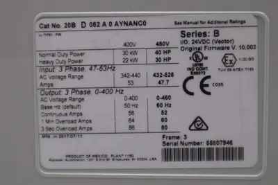 ALLEN BRADLEY 20BD052A0AYNANC0 40 HP MANUFACTURED 2017 (NEW NO BOX) STOCK 2036-A