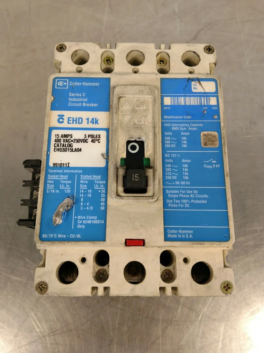 Cutler-Hammer EHD 14K Circuit Breaker 15 Amp Ser C - EHD3015LA04 4E-7