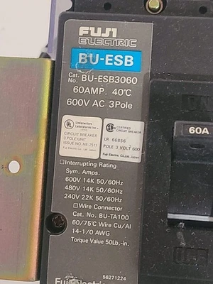 Fuji BU-ESB 3060 Circuit Breaker 60 Amp 600 VAC 3 Pole BU-ESB3060